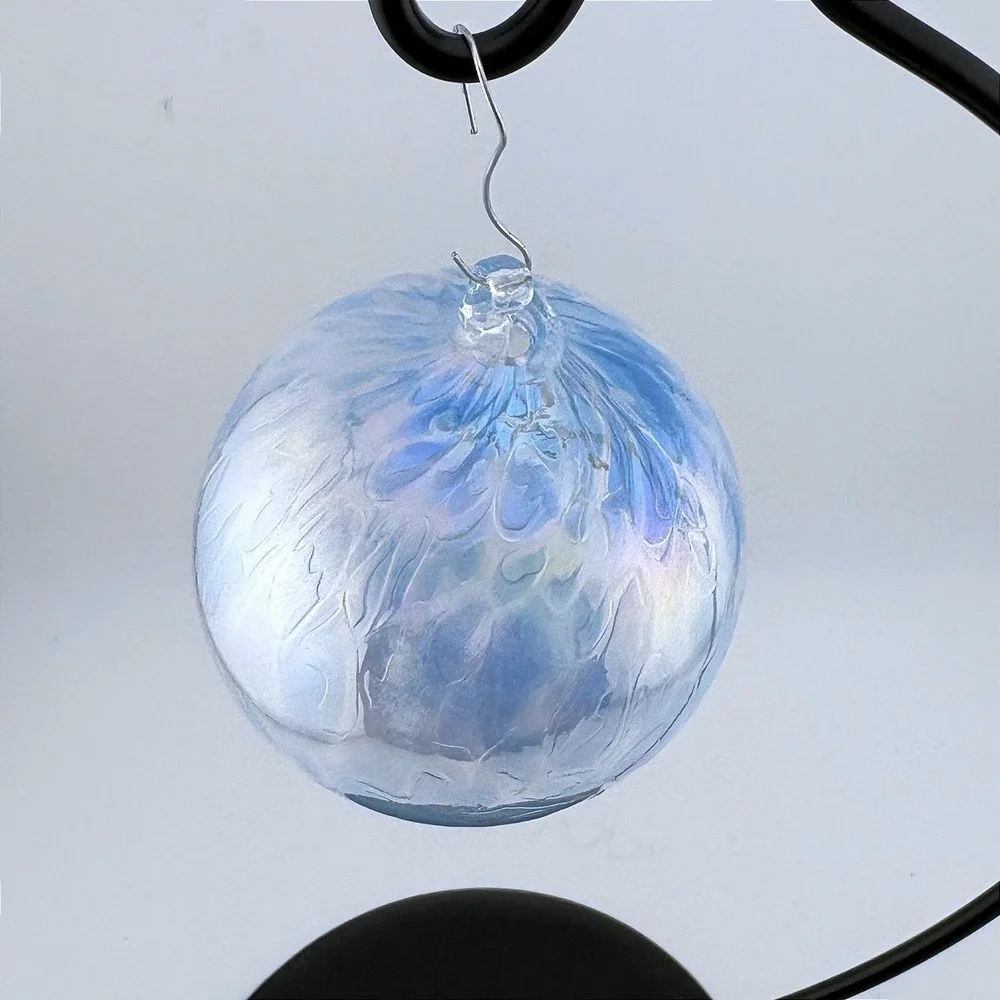 Hand Blown Glass  Ball Iridescent Blue Swirl Spirit Ball Ornament 4 inch